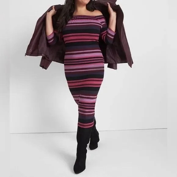 Lane Bryant Dresses & Skirts - Lane Bryant Off-Shoulder Striped Bodycon Dress in Pink, Black and Burgundy